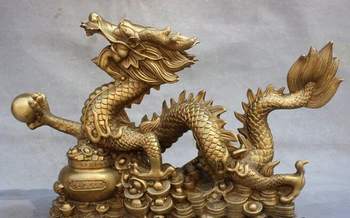 

wholesale factory 18'' Chinese Brass Treasure Bowl Wealth Dragon Ball YuanBao Copper Dragon Statue 25% off