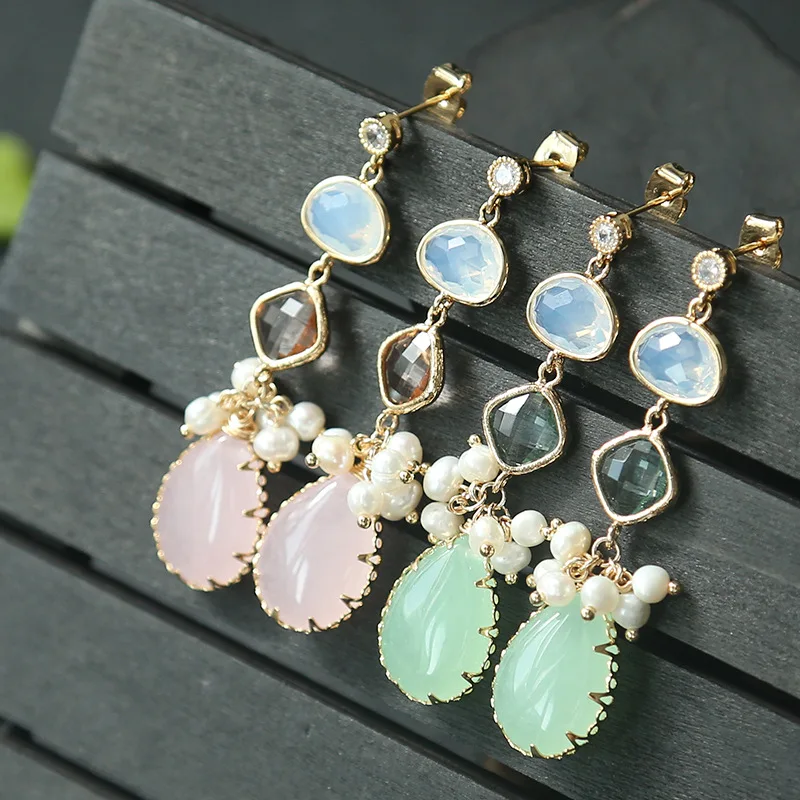 

Jantenth New Arrival Pink Green Beautiful Design Natural Stone Crystal Earrings Handmade Boehmia Style Women Earrings Jewelry