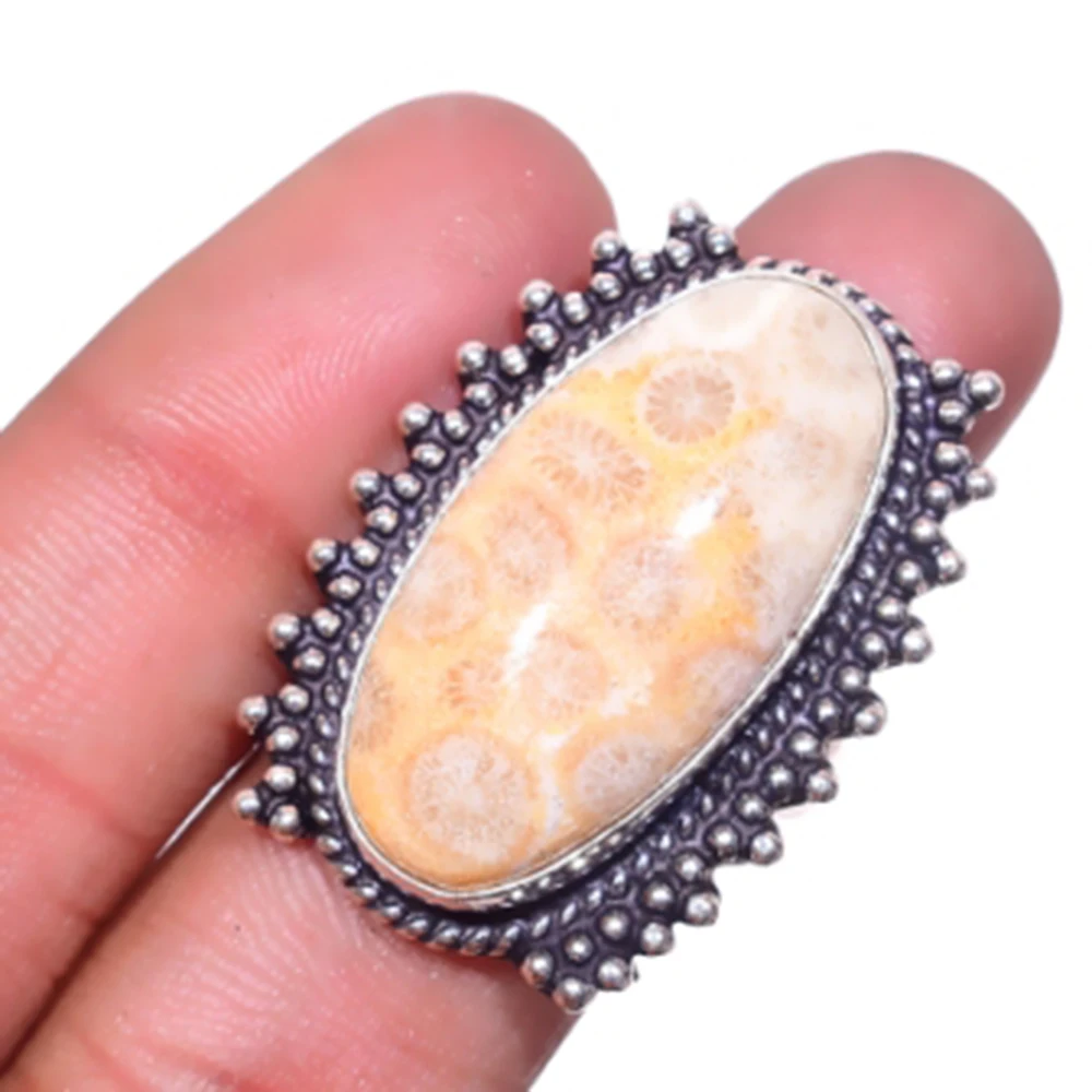 

Fosil Coral Ring Silver Overlay over Copper, USA Size 8 , FRR0134