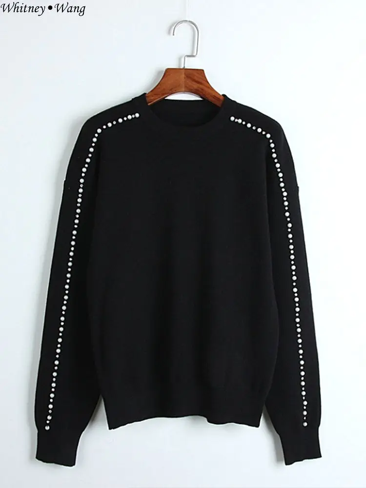 Black WHITNEY WANG Autumn Winter Fashion Streetwear Handmade Pearls Beading Sweater Women jumper pull femme Pullovers Sweaters - Color: Black