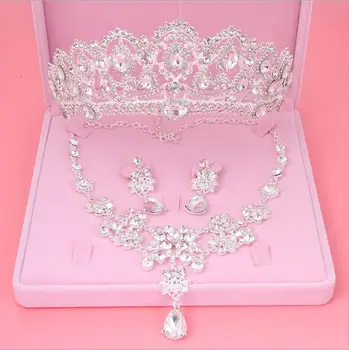 

Womens Crystal Pearl Jewelry Hair Crown Headpiece Necklace Pendant Earrings Sets