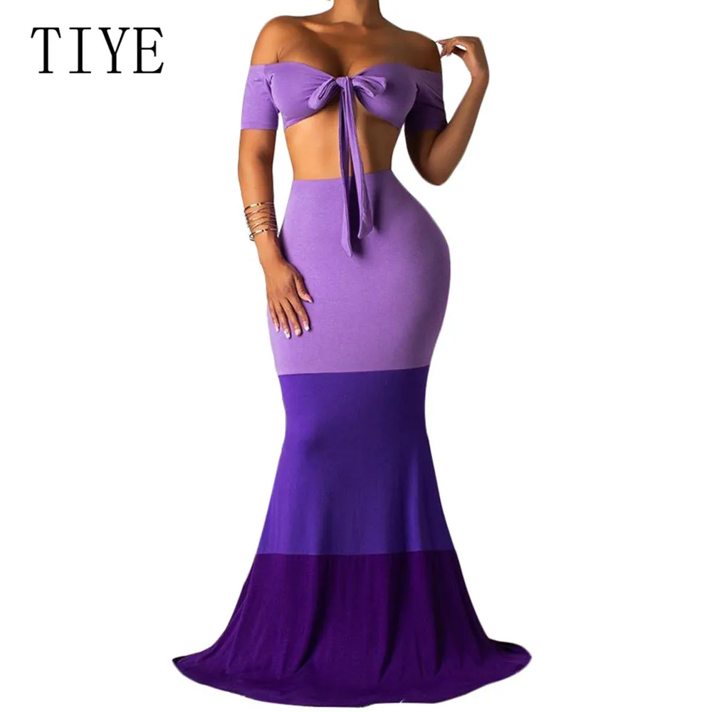 

TIYE Purple 2 Pieces Sets Summer Maxi Dress Sexy Openwork Straps Short-sleeved Bikini + Half-length Swing Skirt Suit Femme Wear
