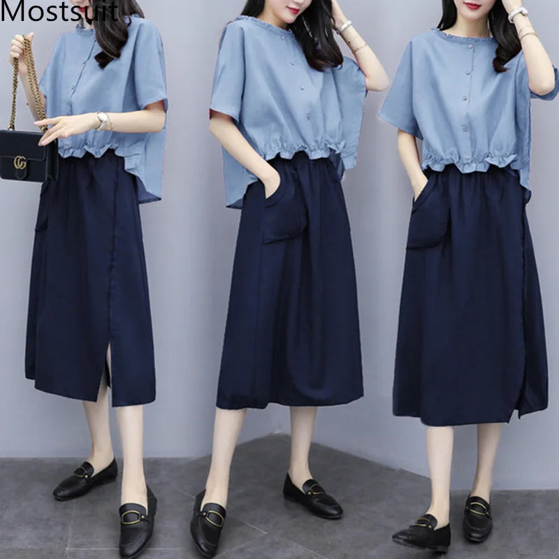 

L-5xl Plus Size Summer Cotton Linen Two Piece Sets Outfits Women Short Sleeve Tops And Skirt Suits Vintage Casual 2 Piece Sets