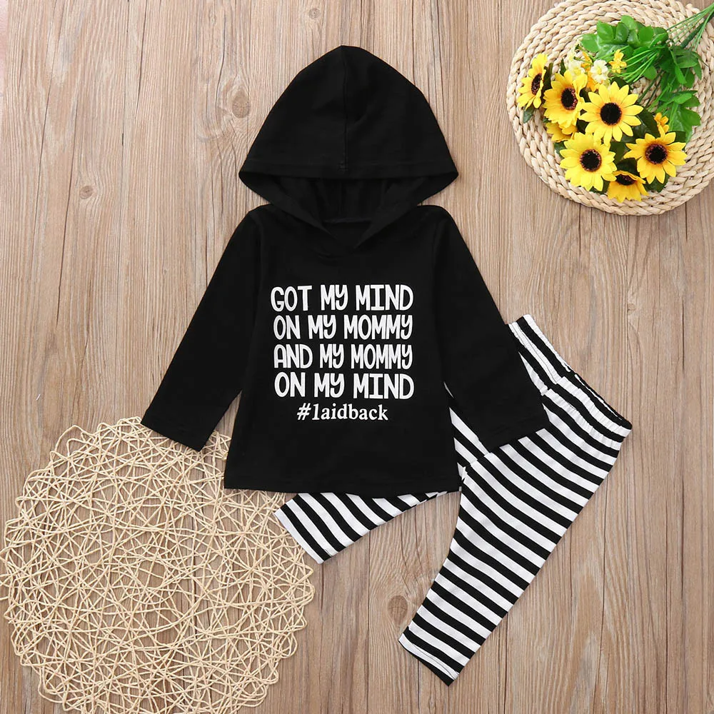 

Newborn Infant Baby Boy Fashion Letter Long Sleeve Tops Hooded Stripe Pants Outfits 2Pcs Clothes Set