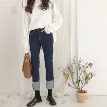 Винтажные корейские женские джинсы деним стираные прямой с высокой талией джинсы штаны свободные брюки