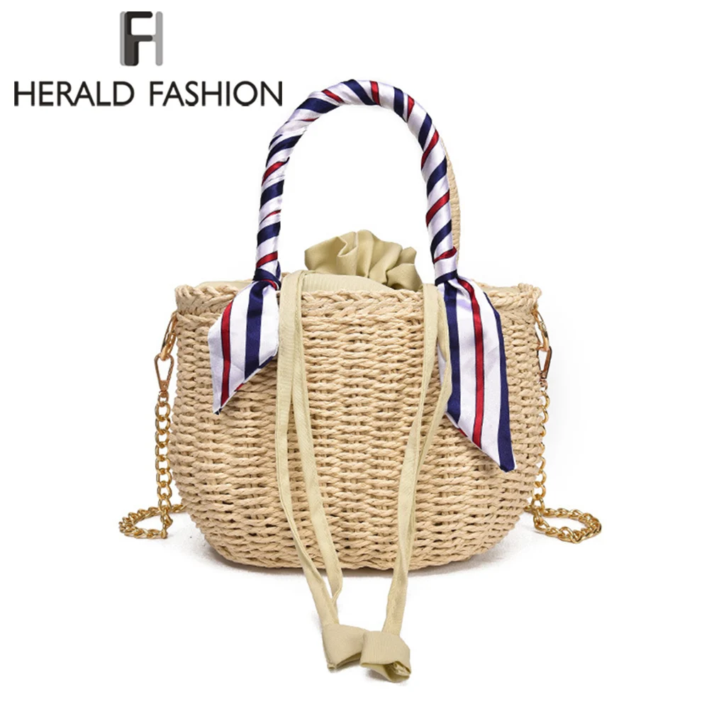 Herald Fashion Women Straw Handbag Large Chain Shoulder Tote Bag With Scarf Bucket Summer Bags Women  Rattan Bag Braided Bolsa 