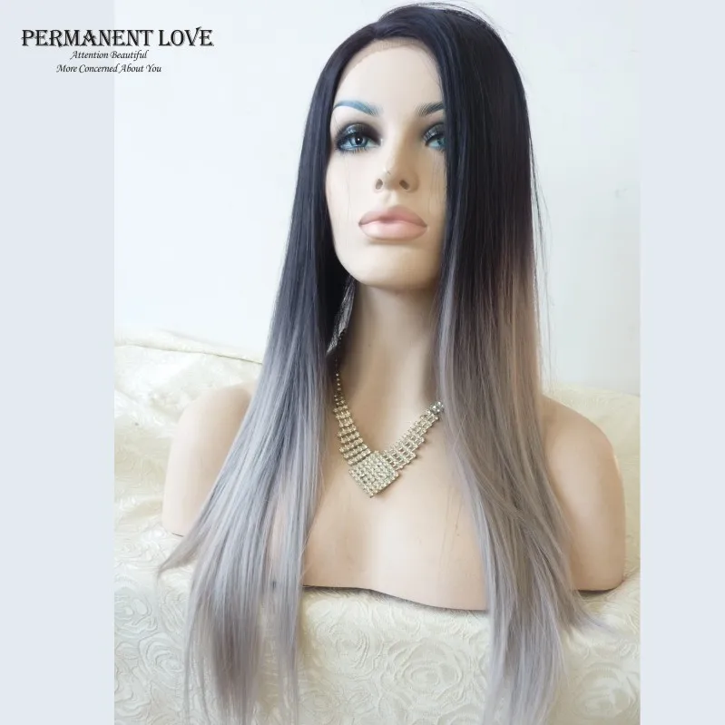 

Ombre grey wigs synthetic lace front wigs for women black rooted gray two tone wigs fashion girls silk straight long Hair Wigs
