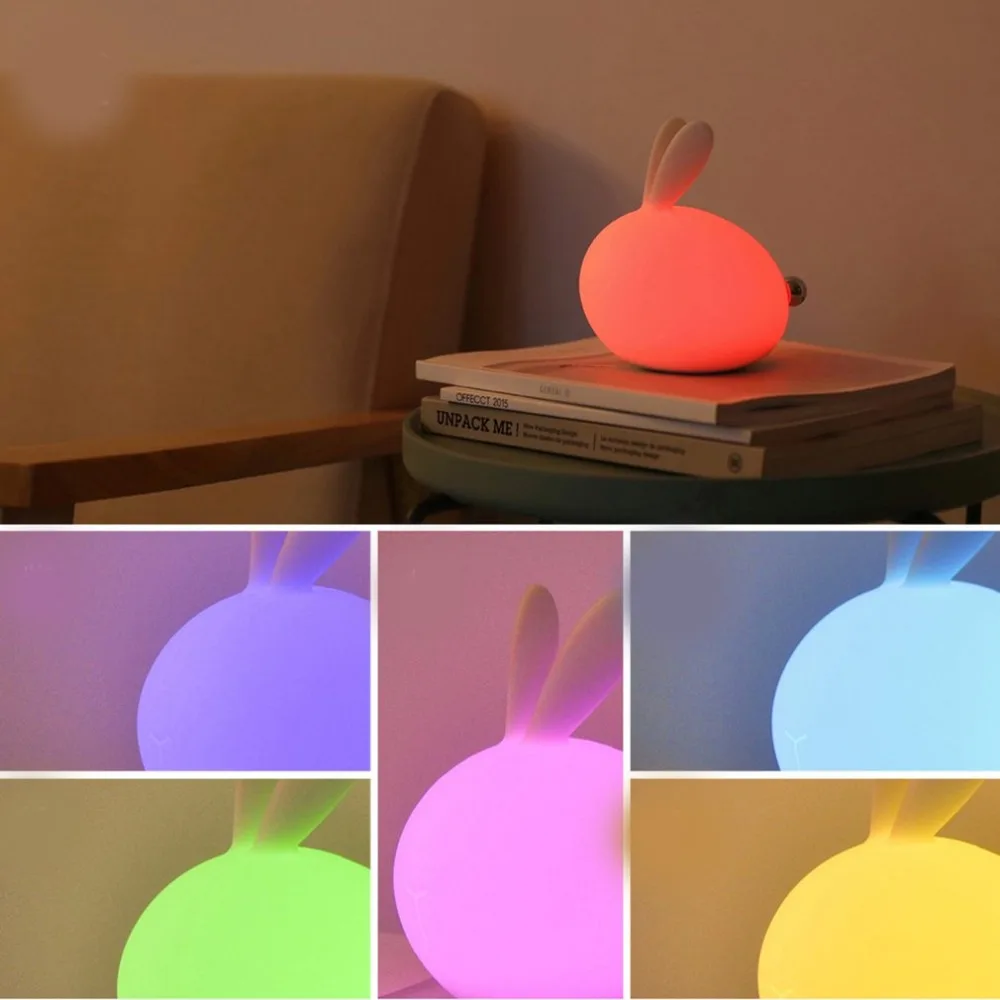 7 цветов, мультяшная лампа в форме кролика, цветная яркость, изменение цвета, светодиодный светильник, usb Перезаряжаемый силиконовый Ночной светильник с мягкой ручкой