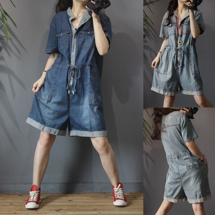 

Summer New Women Casual All-match Loose Plus Size Vintage Pockets Drawstring Elastic Waist Handsome Denim Playsuits 2 Colors