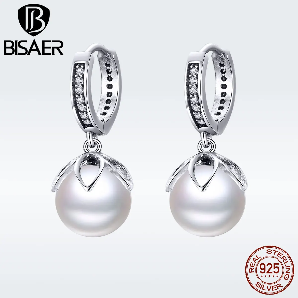 

BISAER Pearl Drop Earrings for Women Crystal Dangle 925 Sterling Silver Metal Elegant Jewelry Gifts for Women with Box GXE482