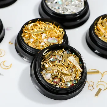 

1jar metal 3D Nail Art star moon bullion designs Gold Silver Alloy Rivet studs mini beads manicure Nails tips Decorations Flakes