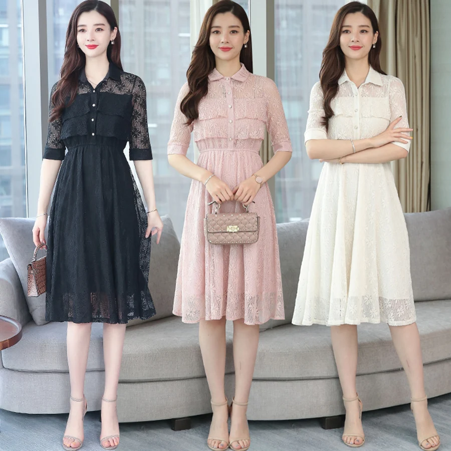 

2019 Korean New Solid Plus Size Boho Dresses Summer Vintage Lace Beach Sexy Midi Sundress Bodycon Elegant Women Party Vestidos