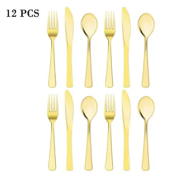 

12PCS/Pack Flat Plating Gold Disposable Cutlery Western Dessert Cutlery Ice Cream Spoon Long Handle Cutlery Solid Tableware Tool