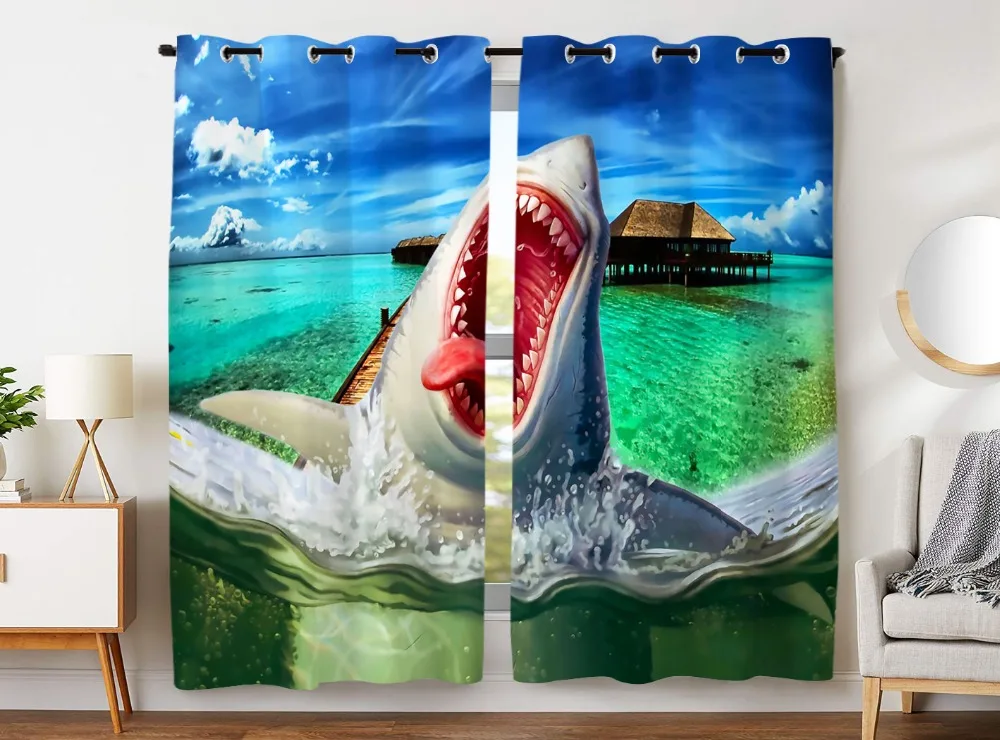 

HommomH Curtains (2 Panel) Grommet Top Darkening Blackout Room Funny Shark Playful Sea Blue Sky White Clouds