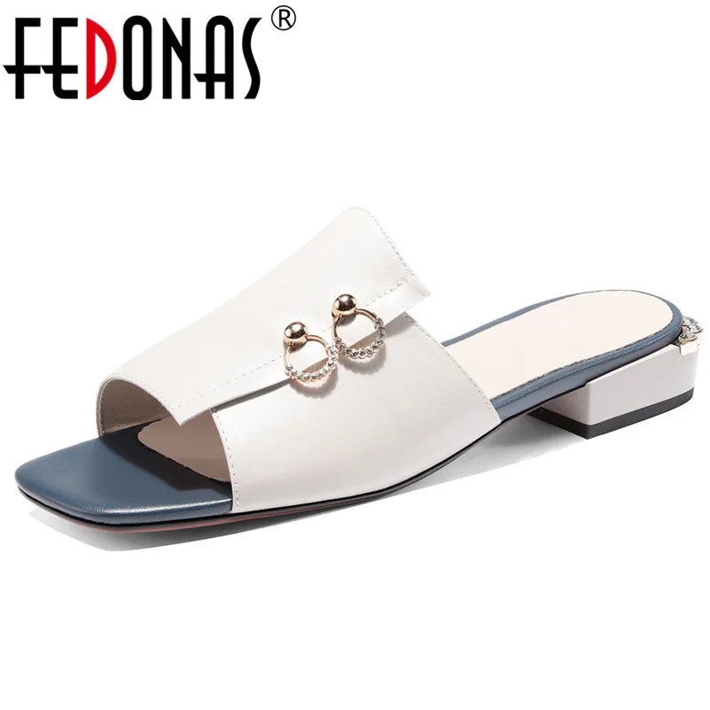 

FEDONAS Summer New Concise Square Toe Low Heels Women Sandals Shallow Slip on Slippers Rome Genuine Leather Casual Shoes Woman