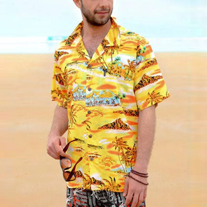 Марка Желтый Camisa Для мужчин рубашки футболка с цветочным узором Рубашка Пляжное платье с короткими рукавами и лацканами воротник