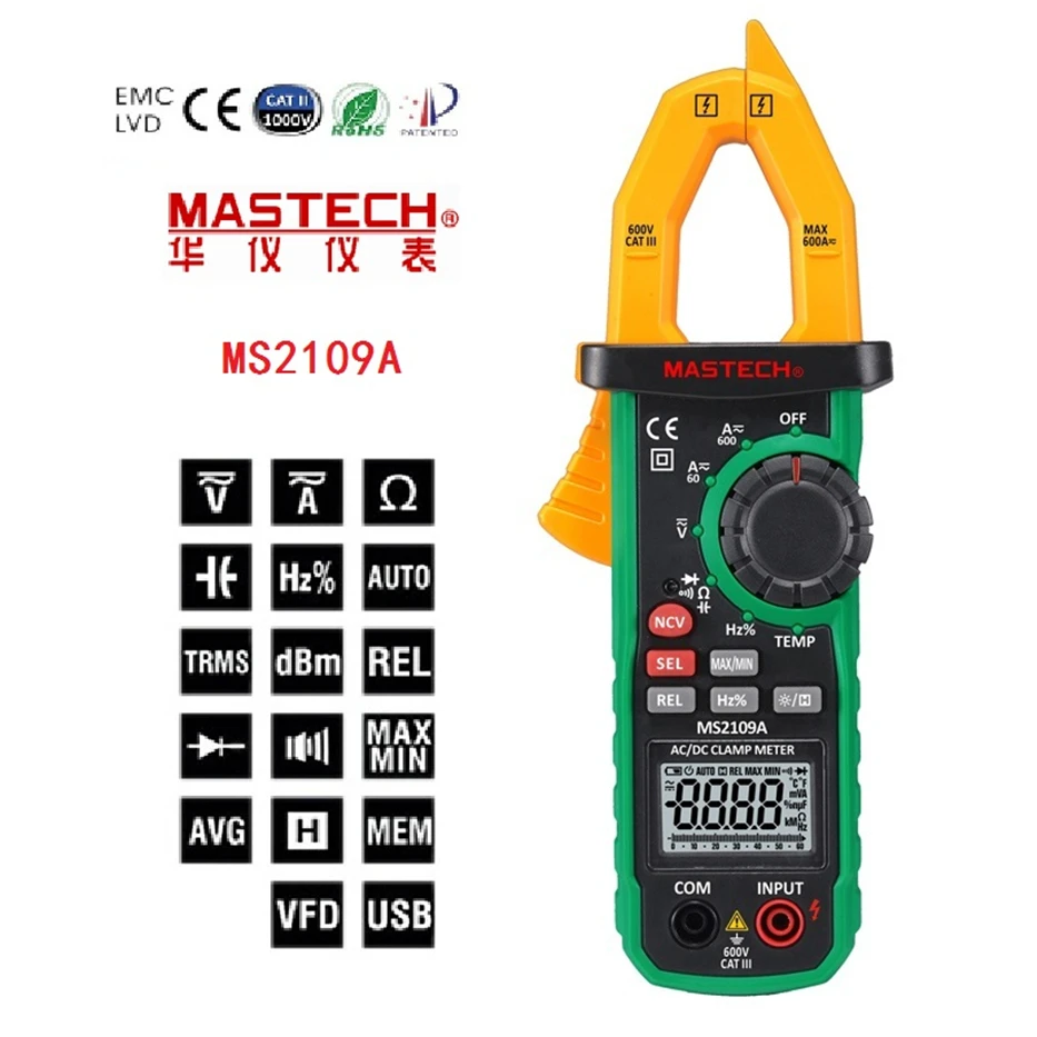 MASTECH MS2109A Автонастройка цифровой AC/DC Токоизмерительные True RMS 600A Вольт Ампер Ом