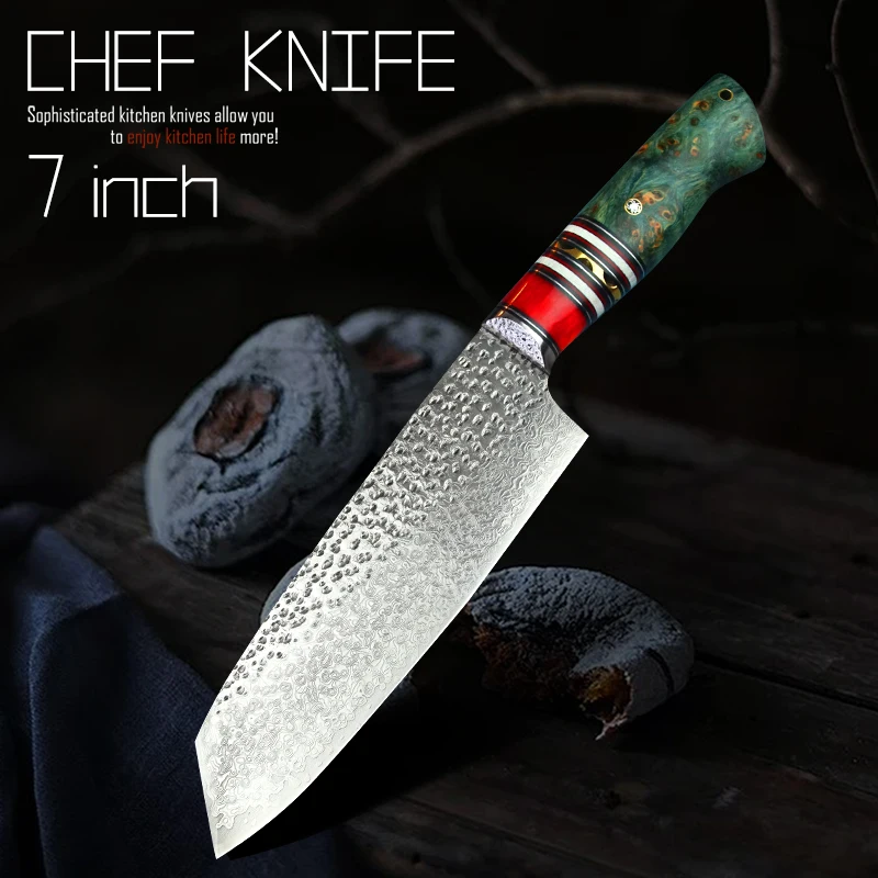 

PEDWIFE VG10 Damascus Steel Tanto Point Santoku Knives Stabilized Wood Bunka Japanese Kitchen Cooking Knife Chef Knife with Case