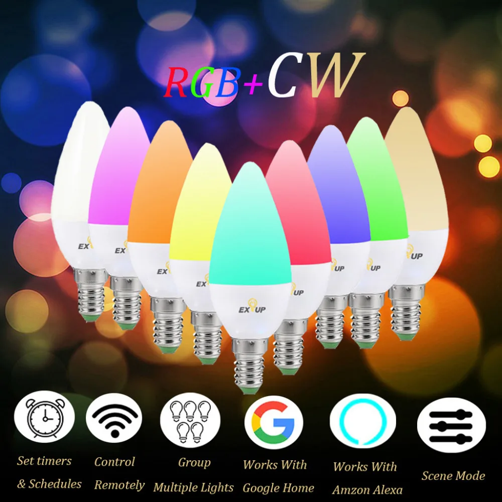 

Smart WiFi Light Bulb LED RGBColor Changing Compatible with Amazon Alexa and Google Home Assistant E14
