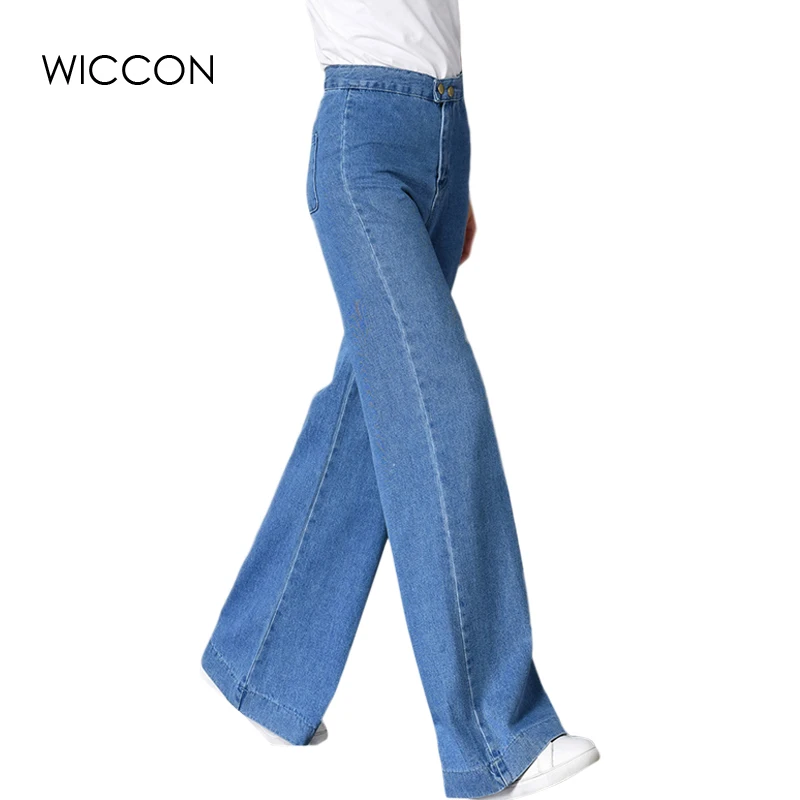 2019 Autumn Women's Wide Leg Jeans Ladys High Waist Solid Bell Bottom Denim Pants Loose Trousers Mom Jeans WICCON