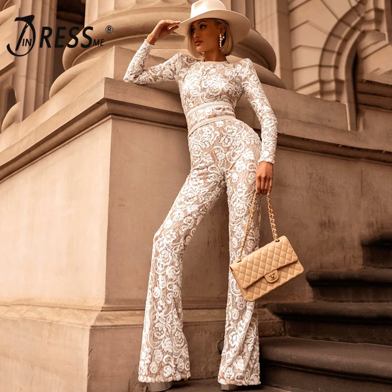 

INDRESSME 2019 New Women Fashion Lace Bandage Jumpsuits Sexy O Neck Party Hollow Out Lady Fashion Full Length White Jumpsuits