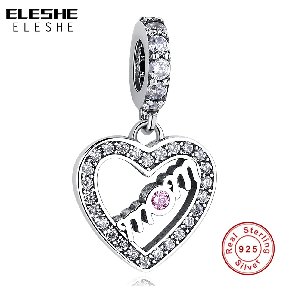 925 Sterling Siver Love Heart Charms Pink Clear CZ Beads Fit Original ELESHE Bracelet Necklace Pendant Jewelry Mother's Day Gift