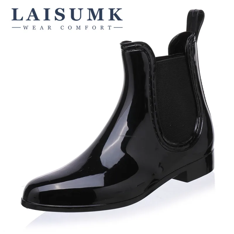 

2019 LAISUMK Short Tube Rain Boots Women Solid Patchwork Elasitic Rubber Boots Flats Waterproof Shoes