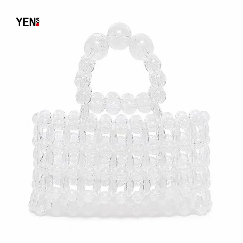 

Fashion Women Clear Beading Bag Handmade Knitting Beaded Clutch Transparent Acrylic Handbag Lady Woven Beach Pearl Clutch Purse