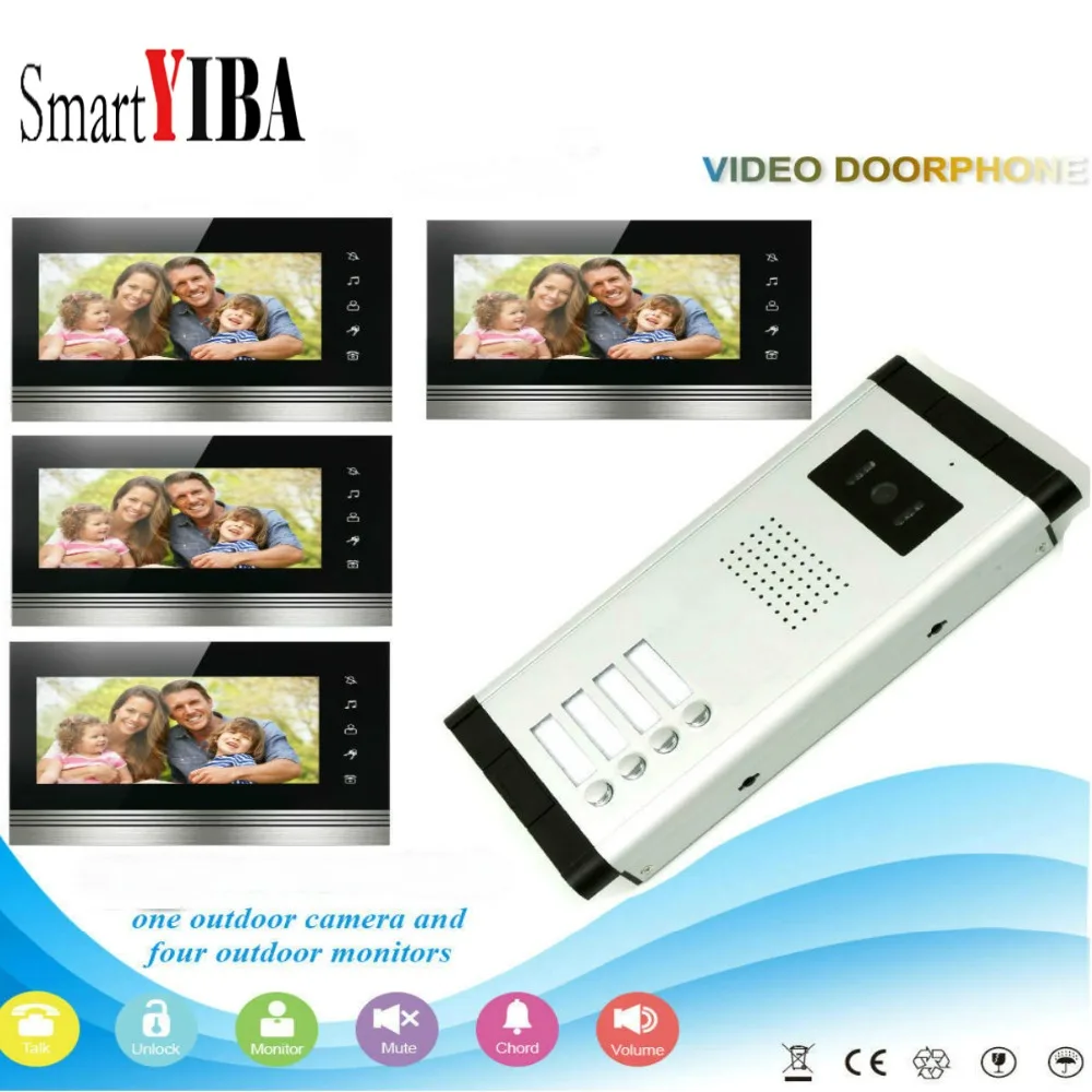 SmartYIBA 7 ''Цвет проводной видеовызова домофон системы 700TVL запись доступа камера дверные звонки сенсорный экран для 4 квартира
