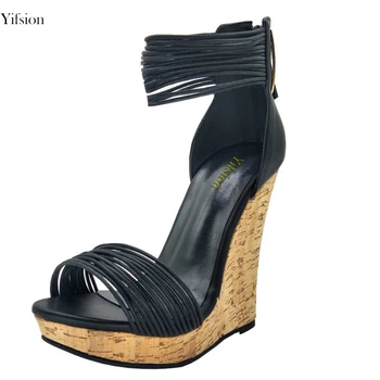 

Olomm Stylish Women Platform Sandals Wedges High Heel Sandals Open Toe Black Office Cool Shoes Women Shoes US Plus Size 4-10.5