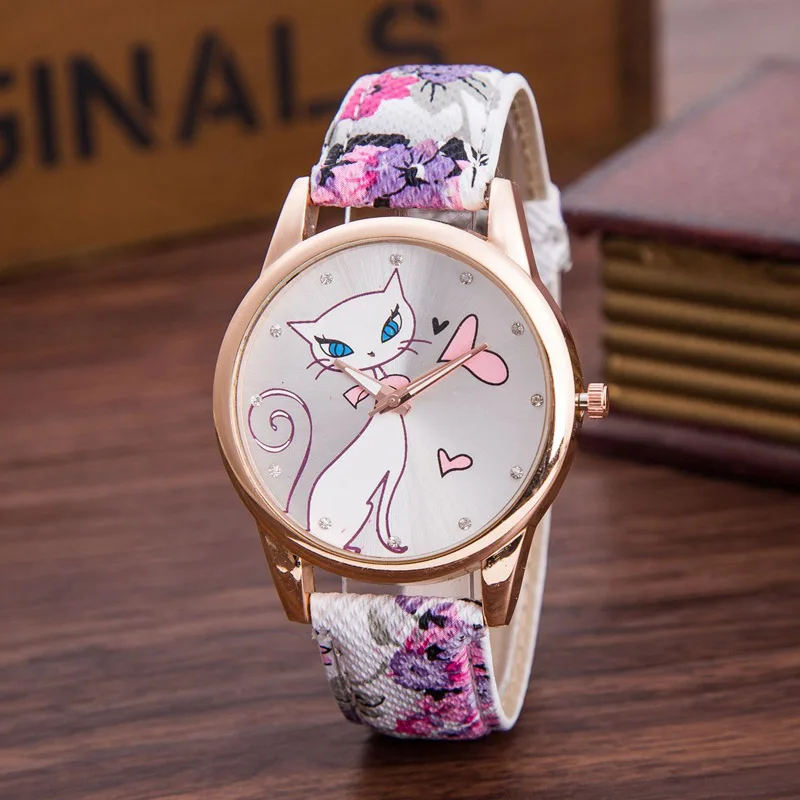 Cute Cat Pattern Dial Quartz Wrist Watch with PU Leather Strap Women