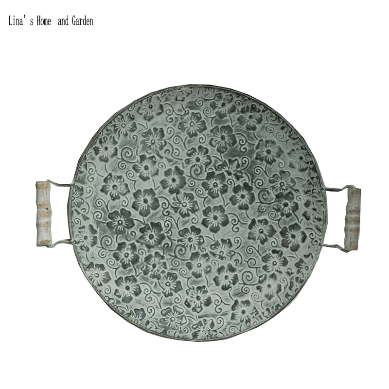 handcrafted round flat metal decorative antique tray with wood handles (4)