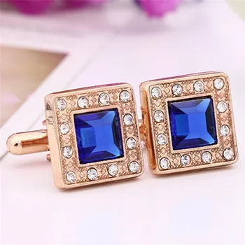 

Novelty Luxury Blue Rhinestone Cufflinks for Mens High Quality Square Crystal Gold Color Copper Cufflink Business Shirt Cuff Lin