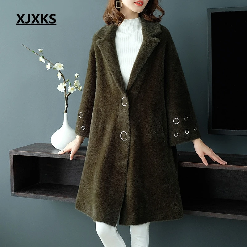 XJXKS manteau femme hiver зимнее пальто для женщин casaco feminino с отложным воротником Новинка распродажа пушистая верхняя одежда Женское шерстяное пальто - Цвет: Зеленый