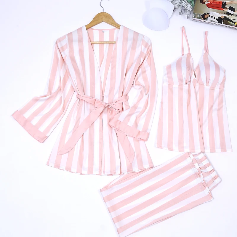 New Style Women Pajama Sets 3 pieces Stripes Camisole with Full Length Pants Long Sleep Shirt Pyjamas Femme Sleepwear sp0091