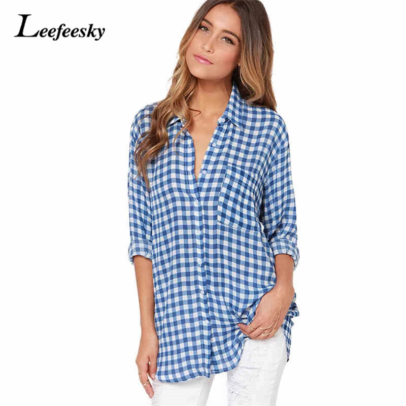 Women Long Shirts 2017 Autumn Long Sleeve Plaid Shirt Checked Female