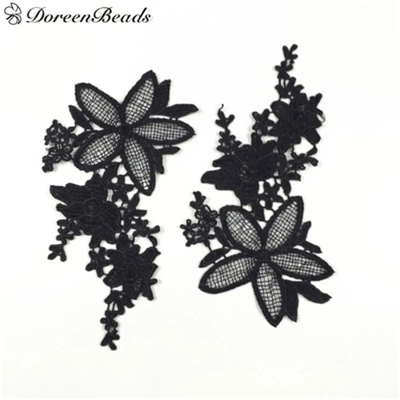 

DoreenBeads Black Flower Pattern Polyester Lace Water-Soluble Embroidered Collar For Women Dress Accessories 20x11cm 1Pair