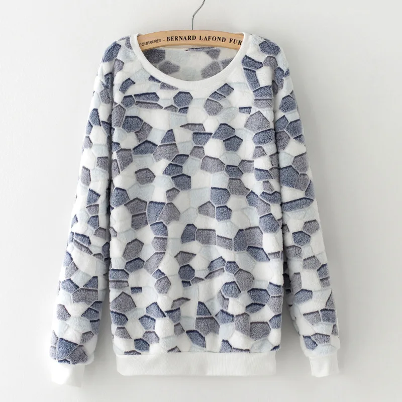  Women's sweater casual O-neck long-sleeved print Fleece warm sweater 2018 fashion sweet and self-cu