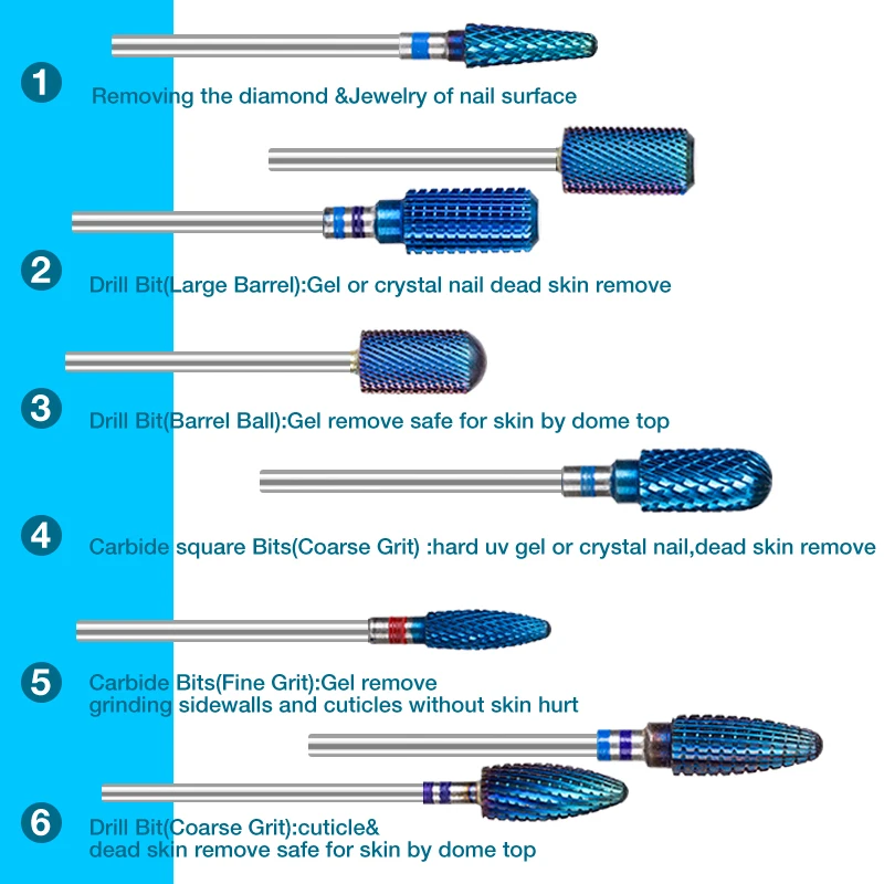 Сверло для ногтей Радужное/синее/черное покрытие карбид вольфрама фрезы для ногтей для маникюра для кутикулы сверлильный станок пилки для ногтей