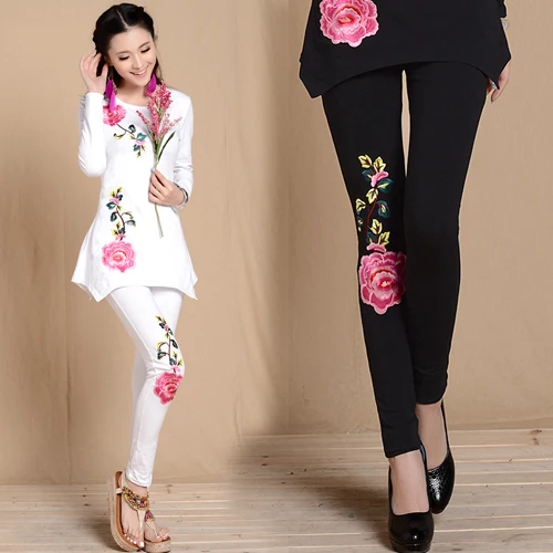 

M L XL XXL 3XL black white embroidery leggings for women spring autumn bohemian flowers embroider pencil pant ethnic trousers