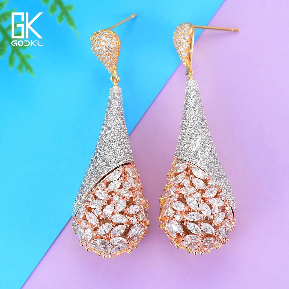 

GODKI Luxury Long Dangle Earrings For Women Wedding Full Micro AAA Cubic Zircon Crystal Paved Dubai Bridal Silver Drop Earrings