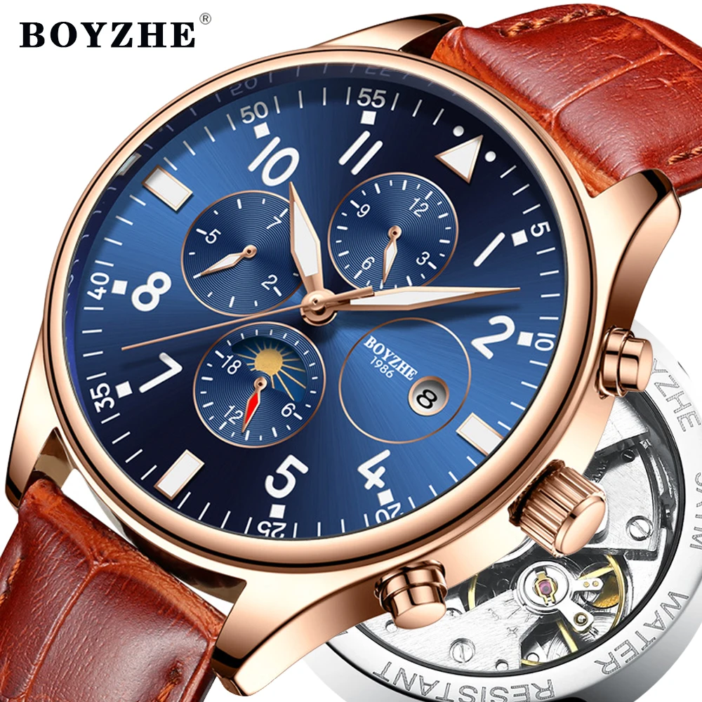 

Manner Automatische Mechanische Uhr Fashion Casual Luxury Gold Business Woche Leder Selbst-Wind Sport Uhren Relogio Masculino