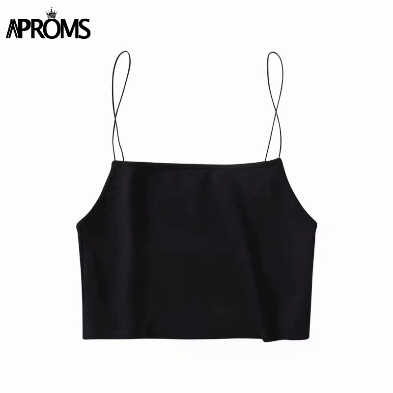 Aproms Винтаж в горошек майки Для женщин летние сексуальные низкой Back Crop Top женский ремень белый основной Топы бретели футболки - Цвет: Black