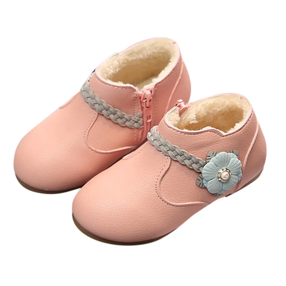 

ARLONEET Kid Girls Winter Plush and velvet warm leather short boot Children Solid Flower Weave Princess Zip Boots Shoes L1020