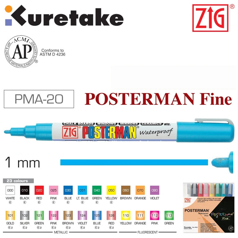 ZIG Markers Kuretake Brush Pen PMA 20 POSTERMAN Fine 1mm Waterproof DIY POP Markers Erasable