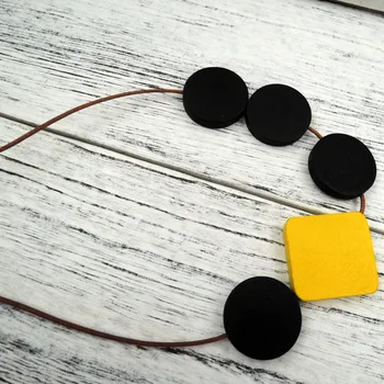 

NEW lady wood geometric necklace pendant minimalist statement disk rhomb abstract yellow grey leather cord NW393
