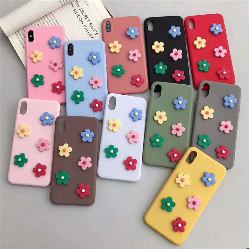 

For iPhone 6 6S 7 8 X XS MAX XR Fashion Simple Candy Color 3D Flower Cartoon Patterned Case Kim Hyun-A Style Soft Silicone Cover
