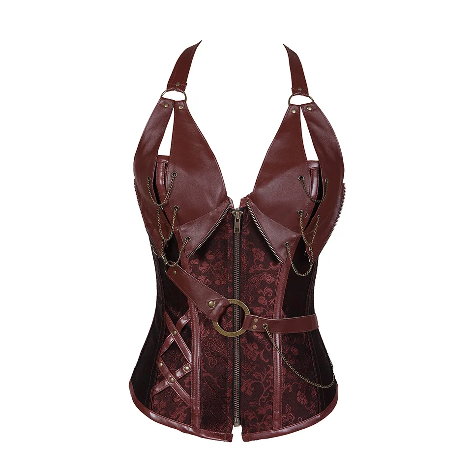 Retro Bustiers Corsets Women Zipper Brown Brocade Steampunk Corset Top With G-string Plus size 3XL-6XL Sexy lingerie Corset set 6