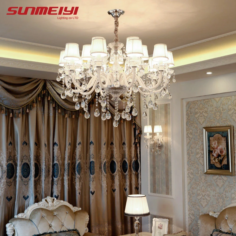 

Modern Clear Crystal LED Chandelier Lighting Dining Room Hotel lustres de cristal large Chandelier with White Lampshade
