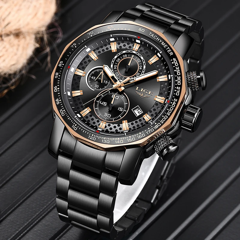 

LIGE Quartz Waterproof Luxury Sport Style Men Watches Brand Stainless Steel Bracelet Chronograph Complete Calendar Reloj Hombre